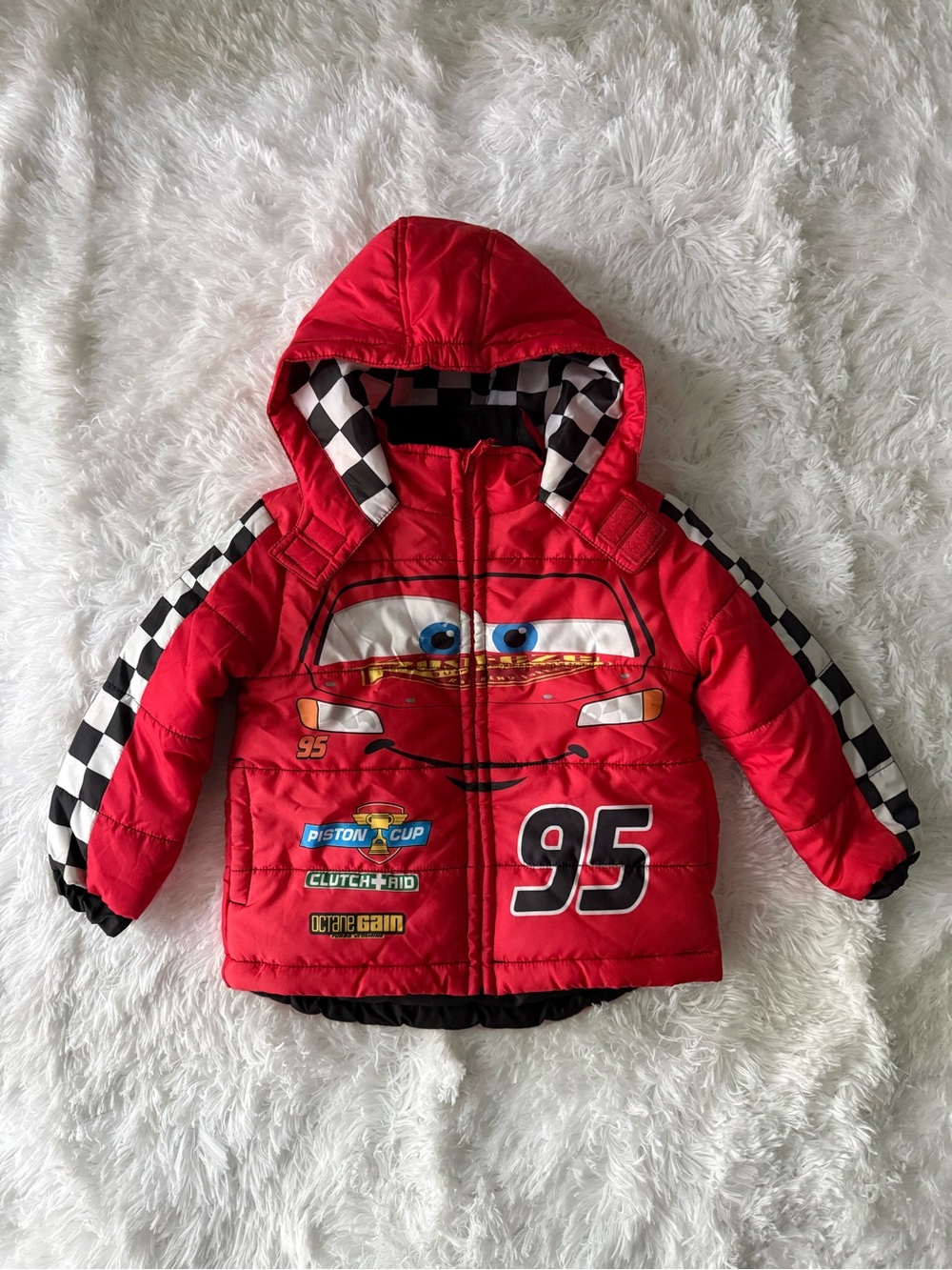 Red Lightning McQueen Hooded Puffer Jacket with Checkered Sleeves